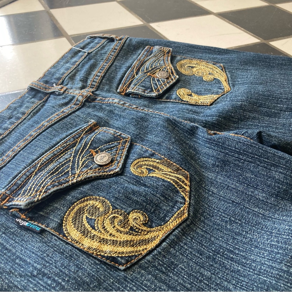 Embroidered Blue Jeans with Gold Accents